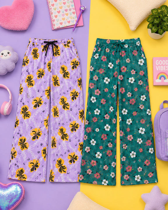 Kiddopanti Girls Cotton All-Over Graphic Printed Pyjama Pant Pack of 2
