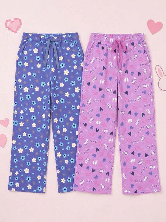 Kiddopanti Girls Cotton Graphic All Over Printed Wide Leg Pyjama Pants Pack of 2