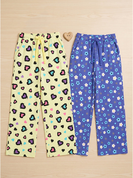 Kiddopanti Girls Cotton Graphic All Over Printed Wide Leg Pyjama Pants Pack of 2