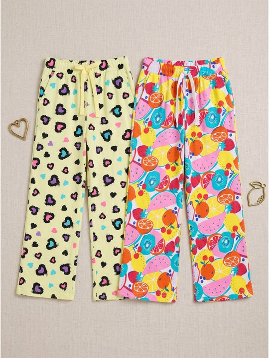 Kiddopanti Girls Cotton Graphic All Over Printed Wide Leg Pyjama Pants Pack of 2