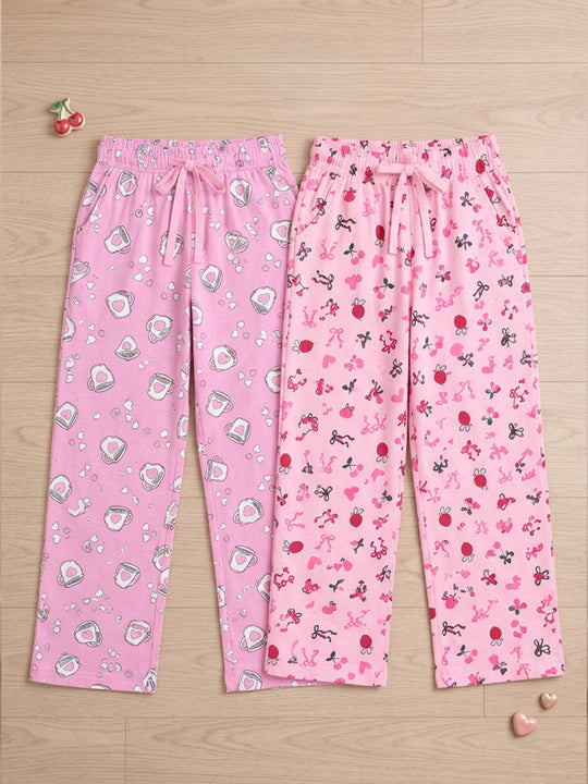 Kiddopanti Girls Cotton Graphic All Over Printed Wide Leg Pyjama Pants Pack of 2
