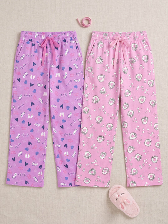 Kiddopanti Girls Cotton Graphic All Over Printed Wide Leg Pyjama Pants Pack of 2