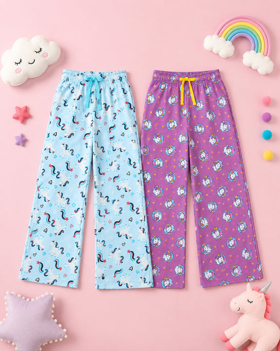 Kiddopanti Girls Cotton All-Over Graphic Printed Pyjama Pant Pack of 2
