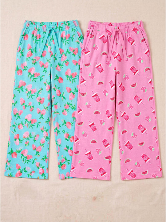 Kiddopanti Girls Cotton Graphic All Over Printed Wide Leg Pyjama Pants Pack of 2