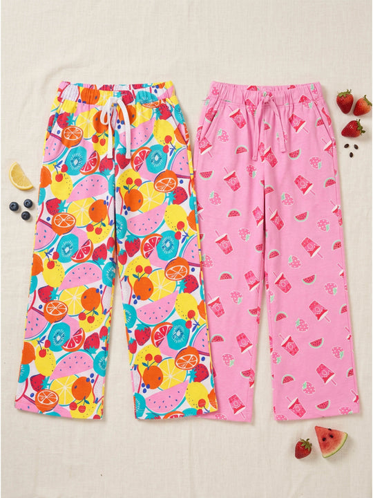 Kiddopanti Girls Cotton Graphic All Over Printed Wide Leg Pyjama Pants Pack of 2
