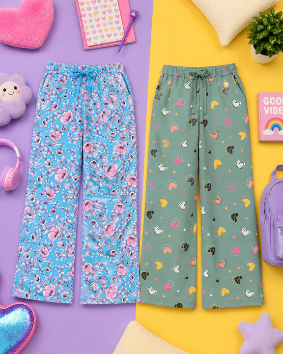 Kiddopanti Girls Cotton All-Over Graphic Printed Pyjama Pant Pack of 2