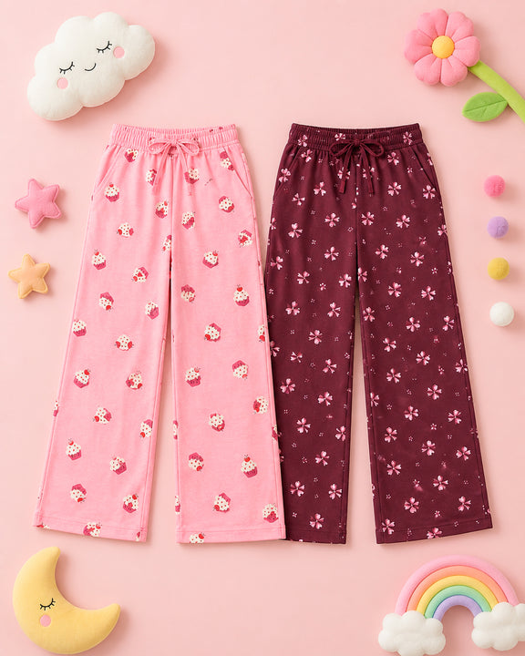 Kiddopanti Girls Cotton All-Over Graphic Printed Pyjama Pant Pack of 2