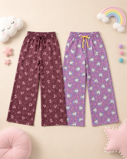 Kiddopanti Girls Cotton All-Over Graphic Printed Pyjama Pant Pack of 2
