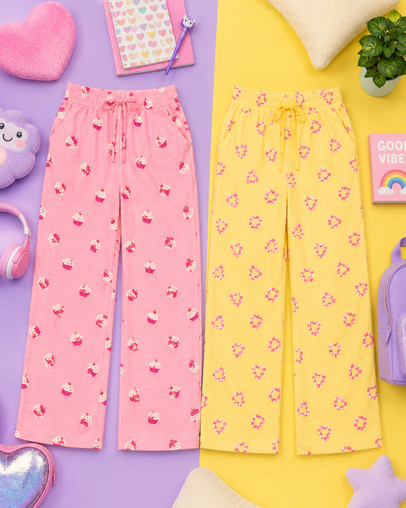 Kiddopanti Girls Cotton All-Over Graphic Printed Pyjama Pant Pack of 2