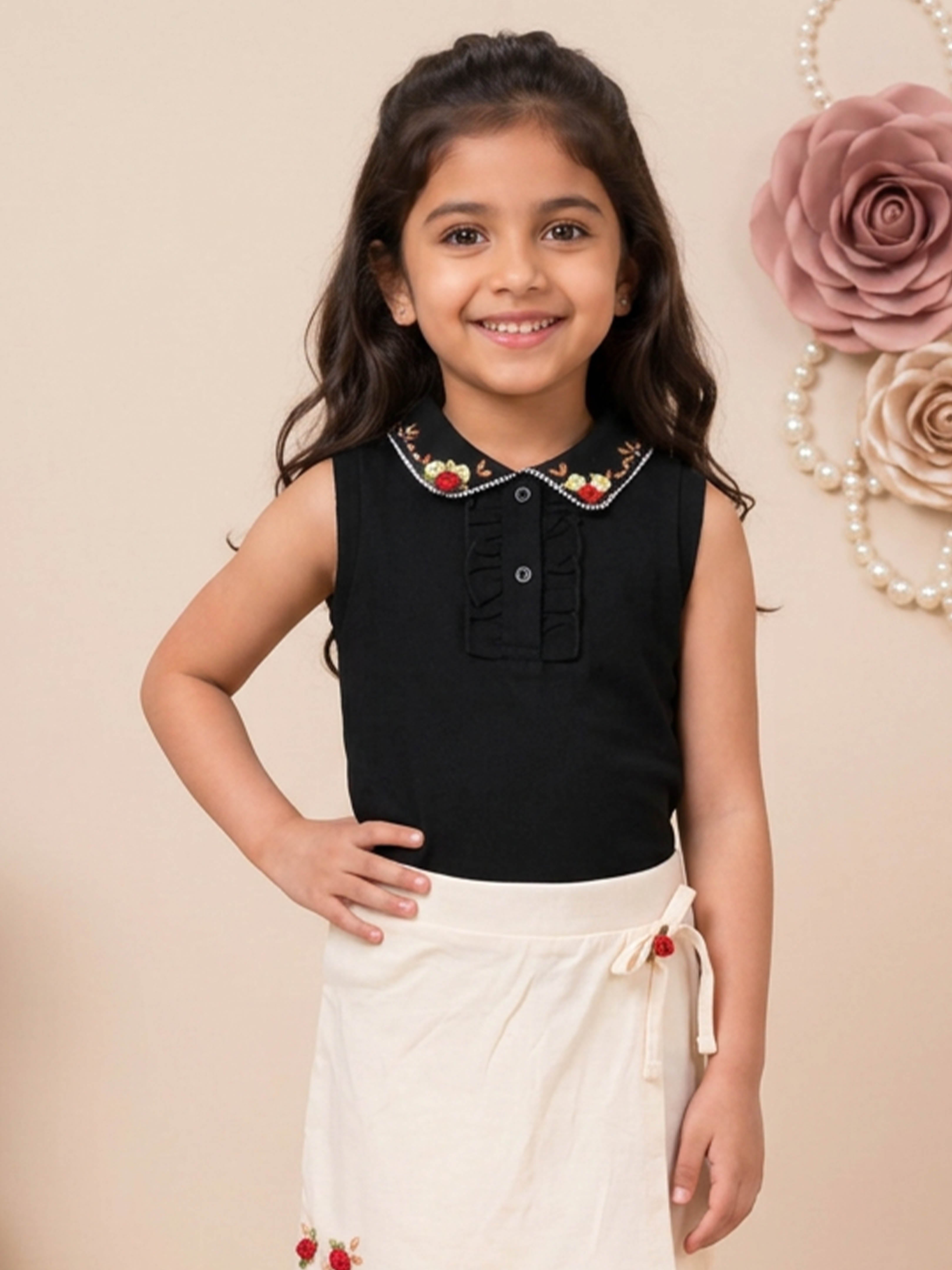 Kiddopanti Girls Cotton Knit Sleeveless Racerback Floral Embellished Polo Top