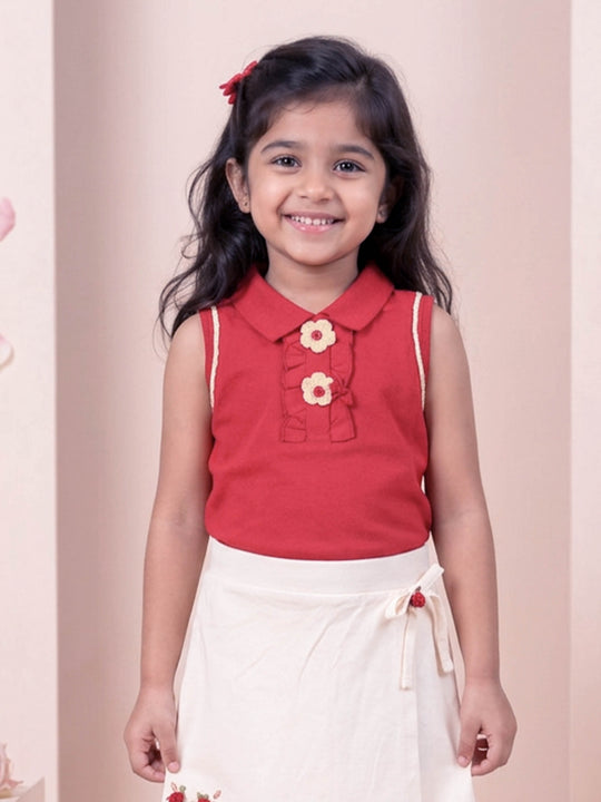 Kiddopanti Girls Cotton Knit Sleeveless Racerback Floral Embellished Polo Top