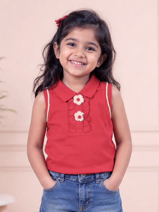Kiddopanti Girls Cotton Knit Sleeveless Racerback Floral Embellished Polo Top