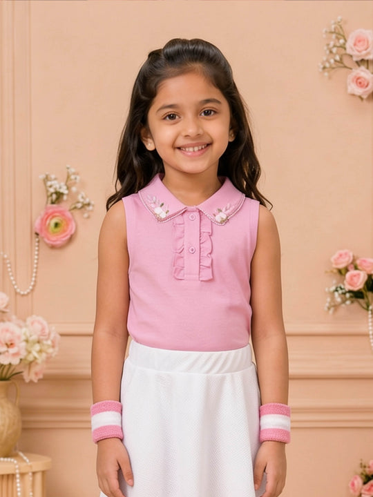 Kiddopanti Girls Cotton Knit Sleeveless Racerback Floral Embellished Polo Top
