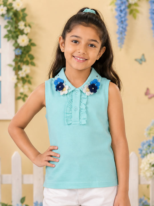 Kiddopanti Girls Cotton Sleeveless Racerback Polo T-Shirt with Floral Applique & Pearl Embellished Collar
