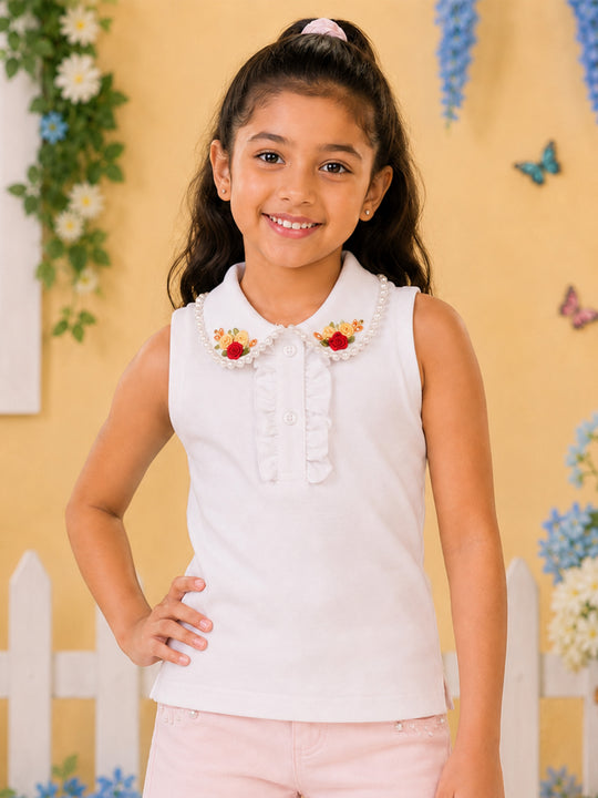 Kiddopanti Girls Cotton Sleeveless Racerback Polo T-Shirt with Floral Applique & Pearl Embellished Collar