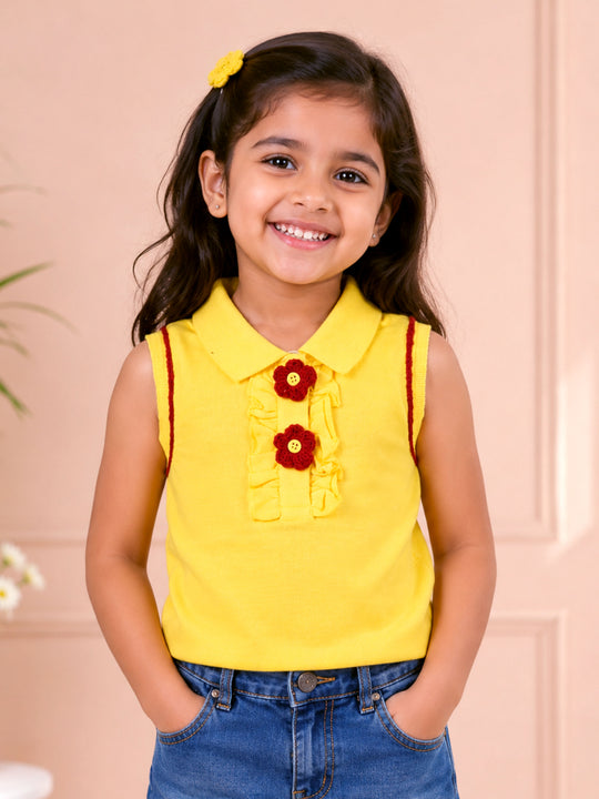 Kiddopanti Girls Cotton Knit Sleeveless Racerback Floral Embellished Polo Top