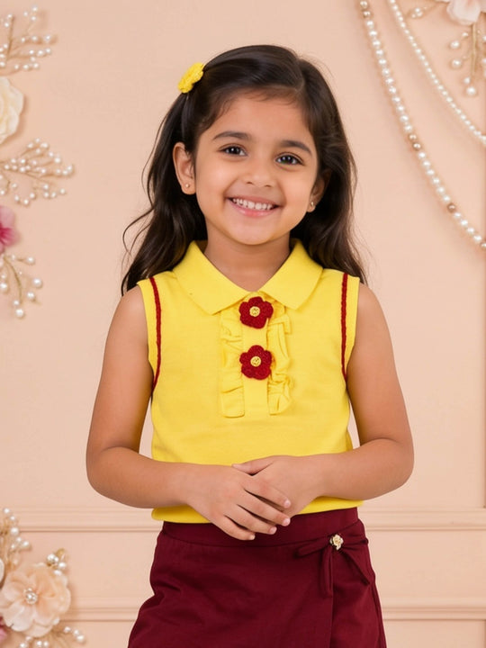 Kiddopanti Girls Cotton Knit Sleeveless Racerback Floral Embellished Polo Top