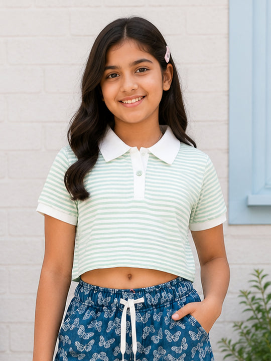 Kiddopanti Girls Cotton Knit Half Sleeves Striped Printed Crop Length Polo T-Shirt