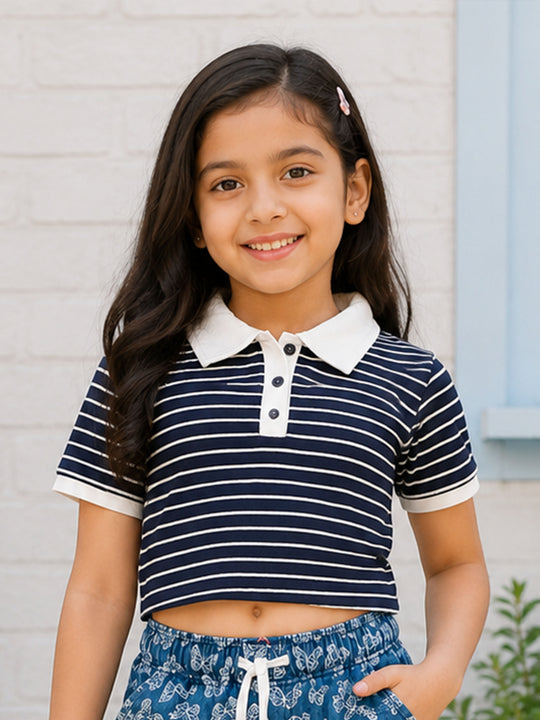 Kiddopanti Girls Cotton Knit Half Sleeves Striped Printed Crop Length Polo T-Shirt