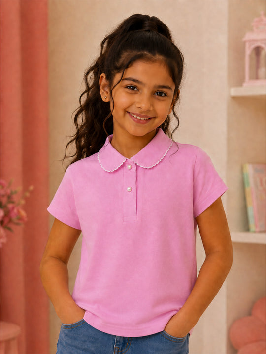 Kiddopanti Girls Cotton Knit Full Sleeves Solid Polo T-Shirt With Picot Trim Collar