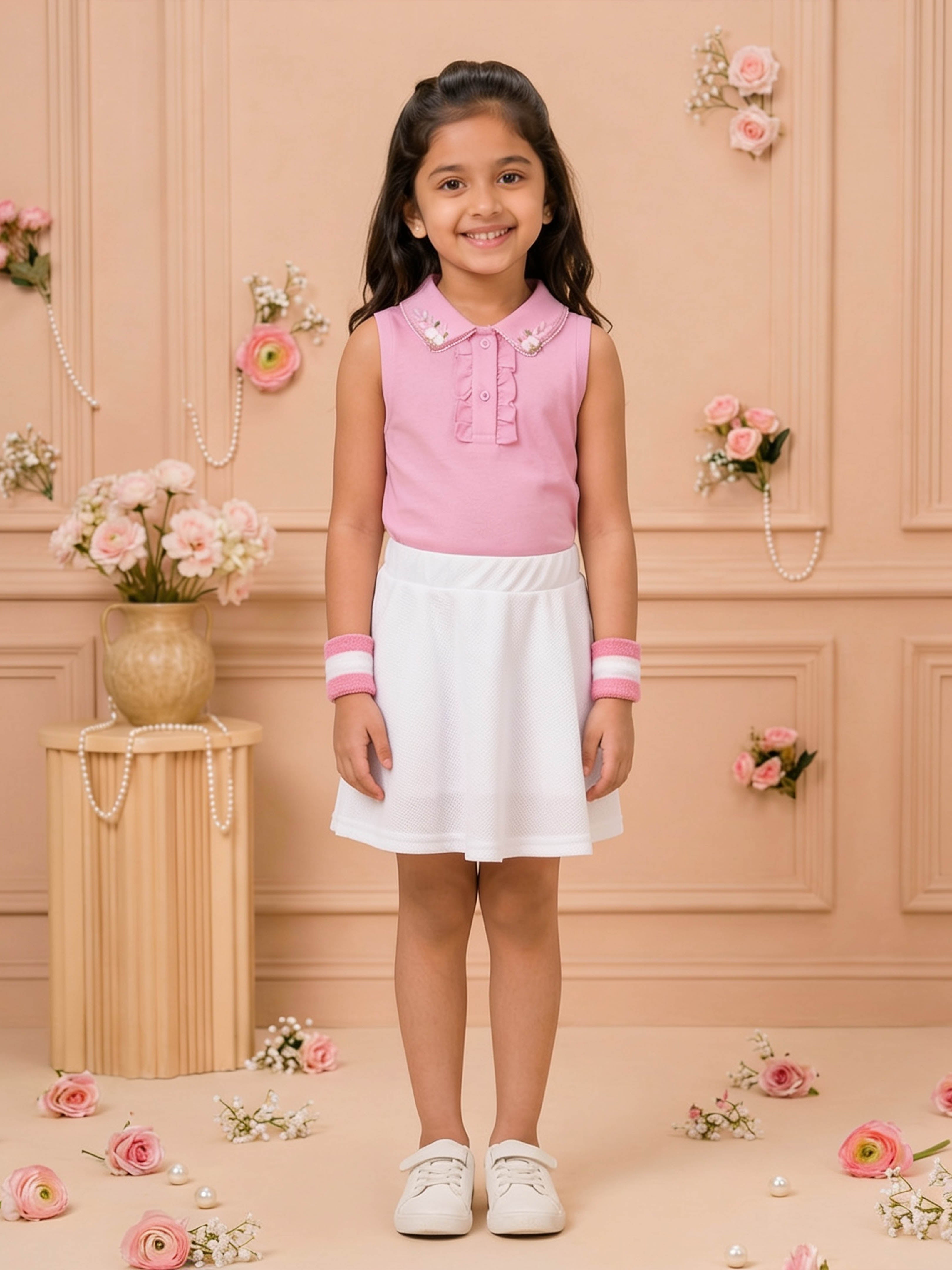 Kiddopanti Cotton Knit Sleeveless Floral Embellished Racerback Polo T-shirt & Flared Skort Set