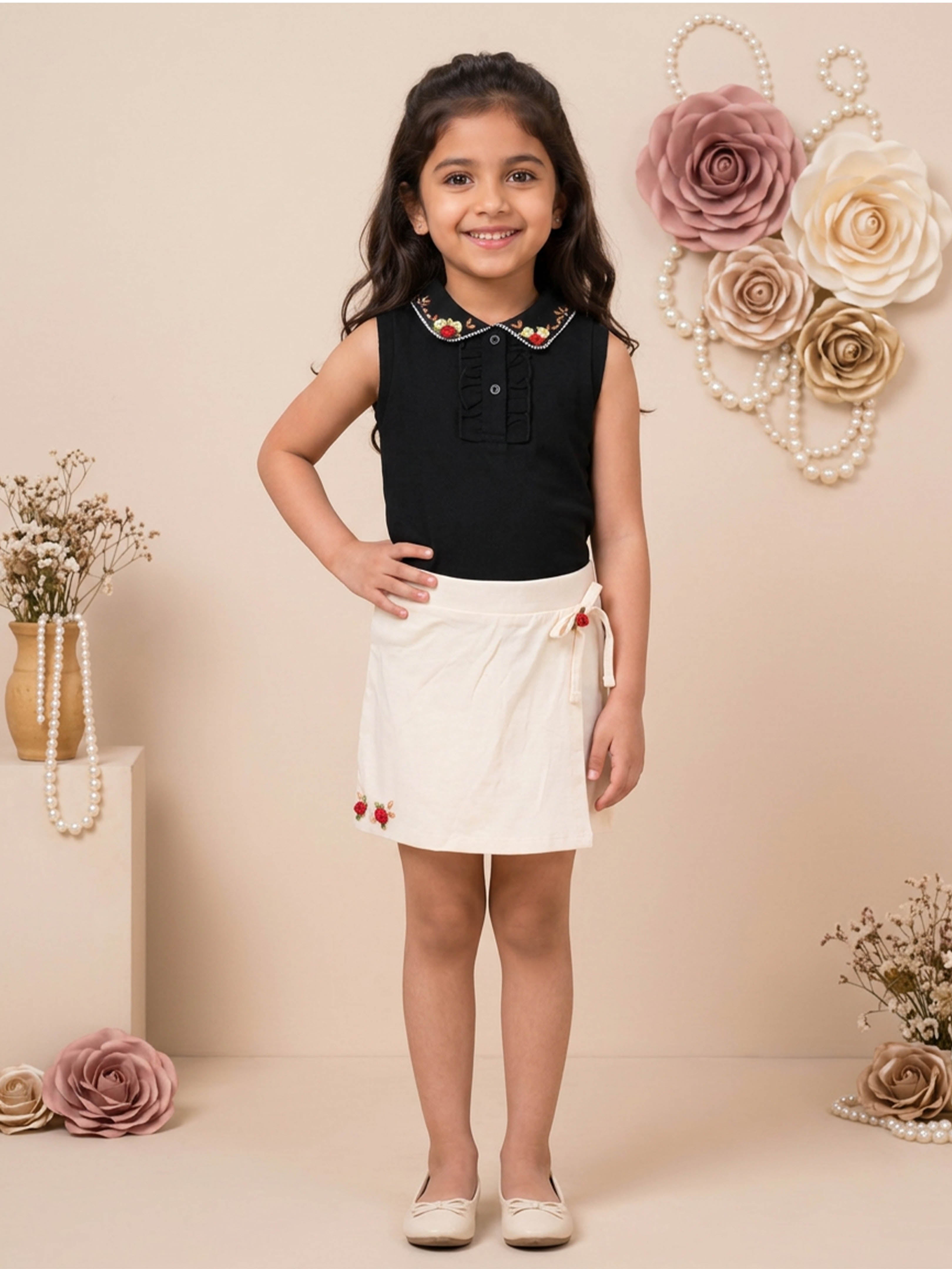 Kiddopanti Girls Cotton Knit Sleeveless Floral Embellished Racerback Polo Top & Wrap Skort Set