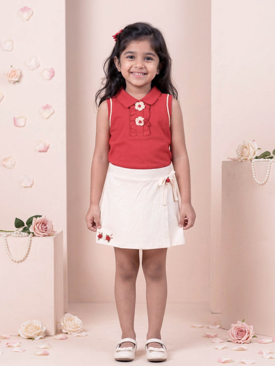 Kiddopanti Girls Cotton Knit Sleeveless Floral Embellished Racerback Polo Top & Wrap Skort Set
