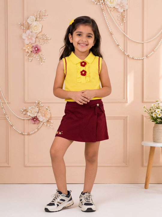 Kiddopanti Girls Cotton Knit Sleeveless Floral Embellished Racerback Polo Top & Wrap Skort Set
