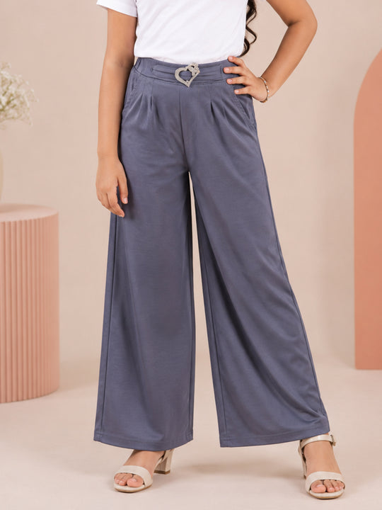 Kiddopanti Girls Solid Wide Leg Pant with Elasticated Waist & Buckle Detail