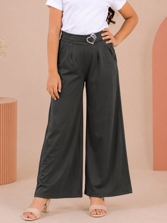 Kiddopanti Girls Solid Wide Leg Pant with Elasticated Waist & Buckle Detail