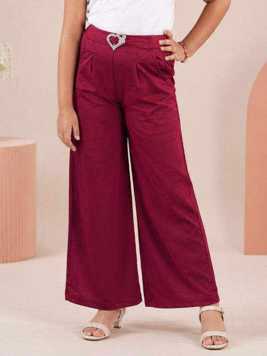 Kiddopanti Girls Solid Wide Leg Pant with Elasticated Waist & Buckle Detail