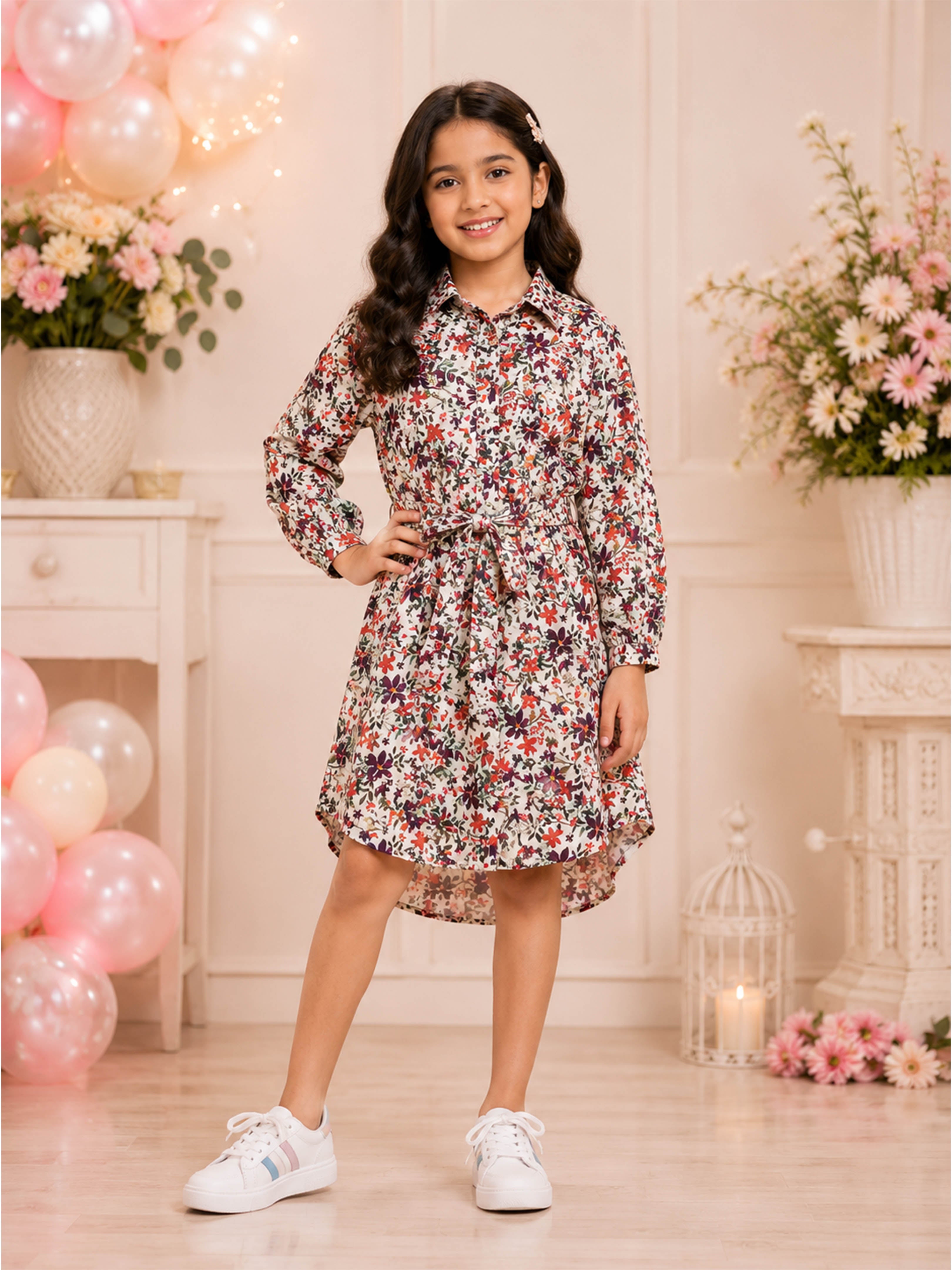Kiddopanti Girls Rayon Full Sleeves Floral Polka Dots Printed Shirt Dress