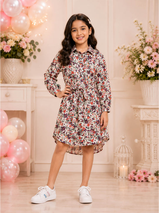Kiddopanti Girls Rayon Full Sleeves Floral Polka Dots Printed Shirt Dress