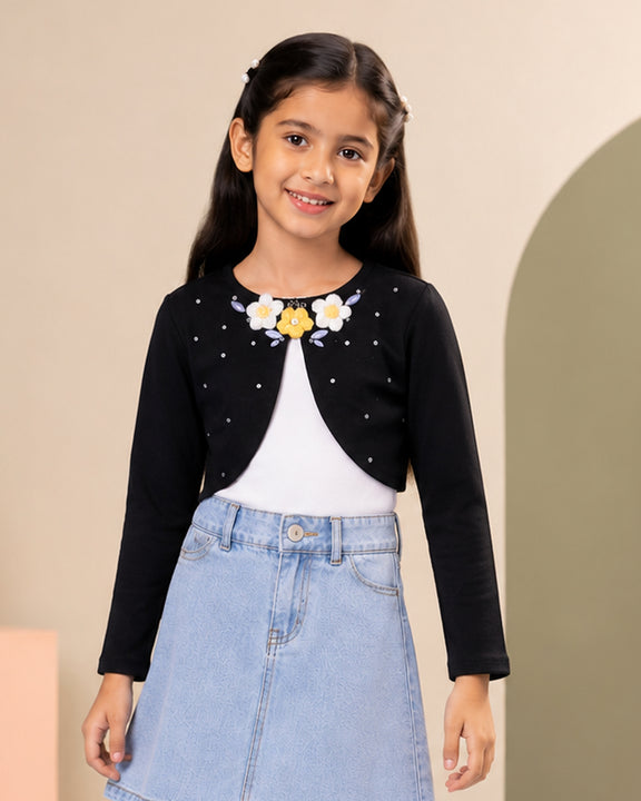 Kiddopanti Girls Fleece Full Sleeves Crop Shrug with Embellishment & Applique