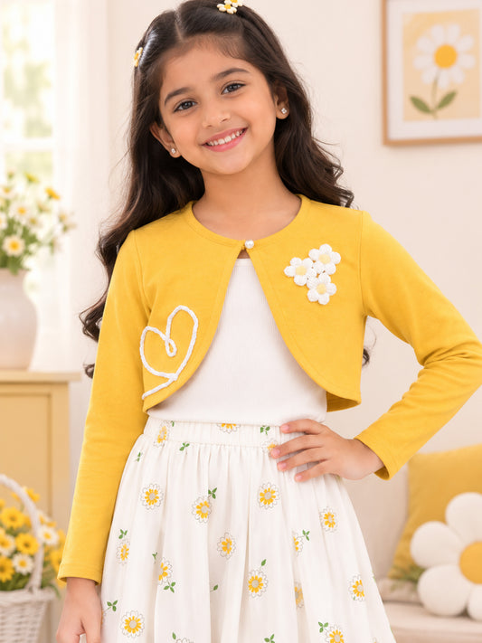 Kiddopanti Girls Fleece Full Sleeves Crop Shrug with Embellishment & Applique