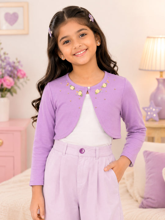 Kiddopanti Girls Fleece Full Sleeves Crop Shrug with Embellishment & Applique