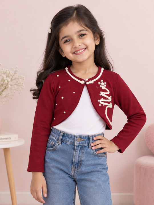 Kiddopanti Girls Cotton Fleece Full Sleeve Crop Shrug with Pearl & Rope Star Embellishment