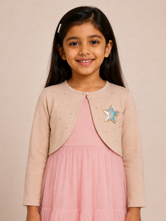 Kiddopanti Girls Fleece Full Sleeves Crop Shrug with Embellishment & Applique