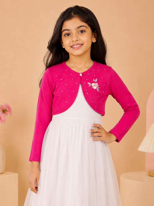 Kiddopanti Girls Fleece Full Sleeves Crop Shrug with Embellishment & Applique