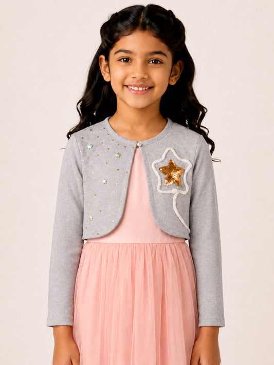 Kiddopanti Girls Fleece Full Sleeves Crop Shrug with Embellishment & Applique