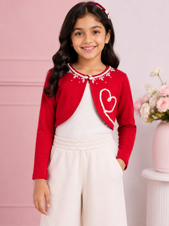 Kiddopanti Girls Fleece Full Sleeves Crop Shrug with Embellishment & Applique
