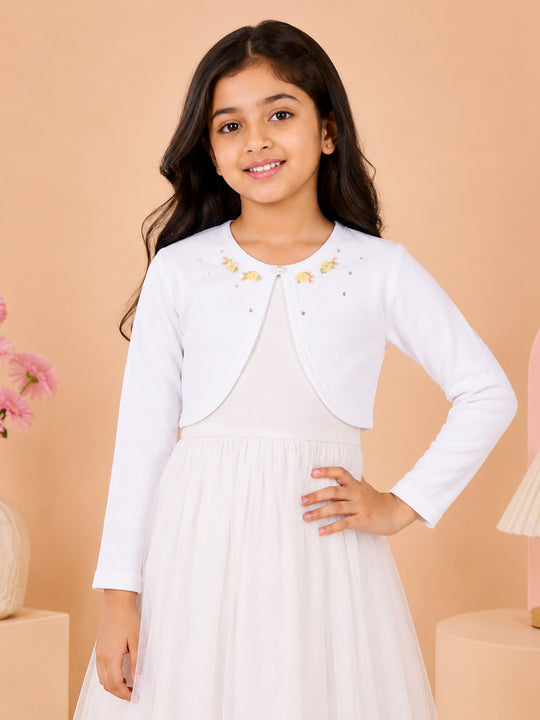 Kiddopanti Girls Fleece Full Sleeves Crop Shrug with Embellishment & Applique