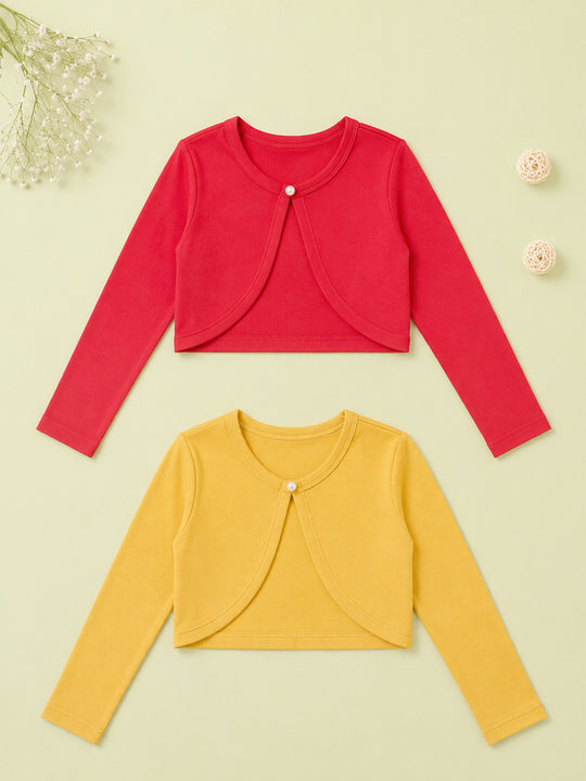 Kiddopanti Girls Cotton Fleece Solid Full Sleeve Crop Shrug Pack of 2