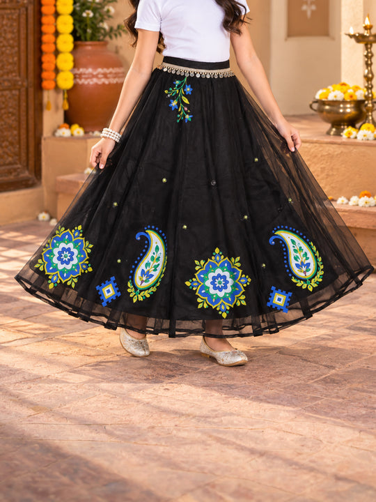 Kiddopanti Girls Georgette Woven Paisley & Floral Ethnic Printed Layered Organza Flared Skirt