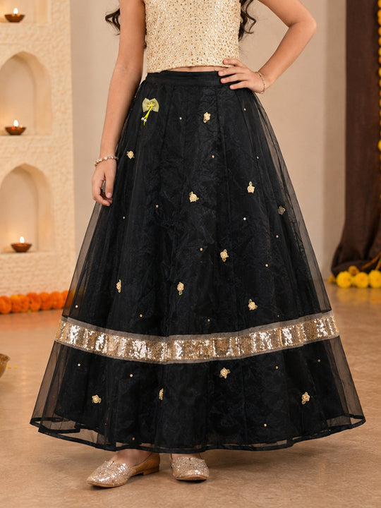 Kiddopanti Girls Polyester Woven Layered Organza Printed With Appliques Flared Skirt