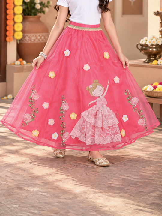 Kiddopanti Girls Georgette Woven Paisley & Floral Ethnic Printed Layered Organza Flared Skirt
