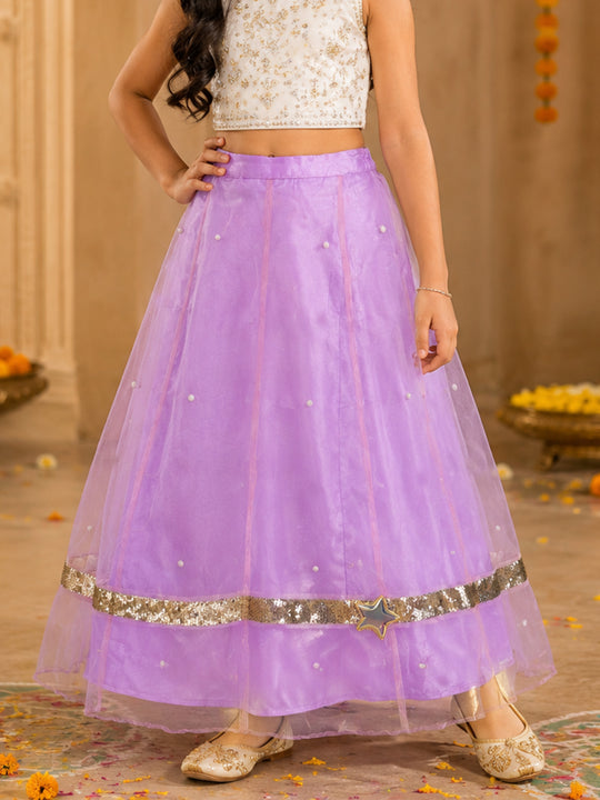 Kiddopanti Girls Polyester Woven Layered Organza Printed With Appliques Flared Skirt