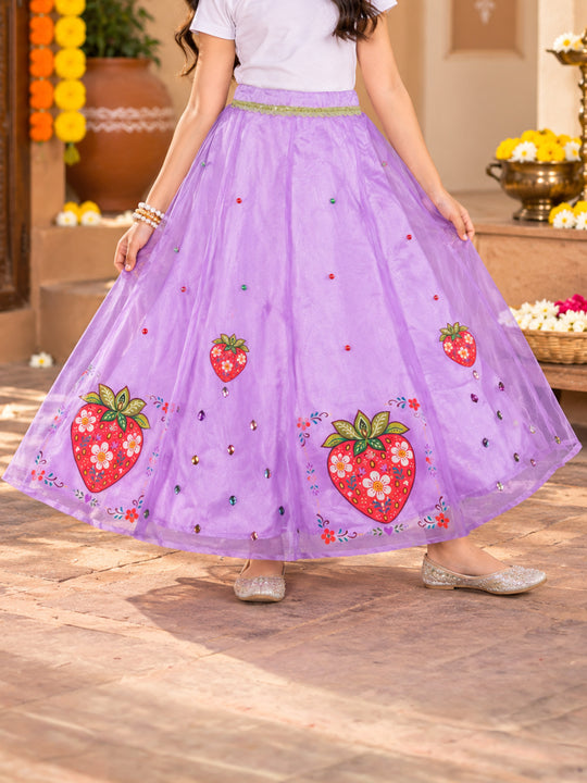 Kiddopanti Girls Georgette Woven Paisley & Floral Ethnic Printed Layered Organza Flared Skirt