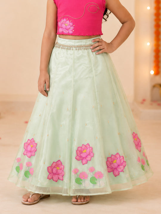 Kiddopanti Girls Polyester Woven Layered Organza Printed With Appliques Flared Skirt