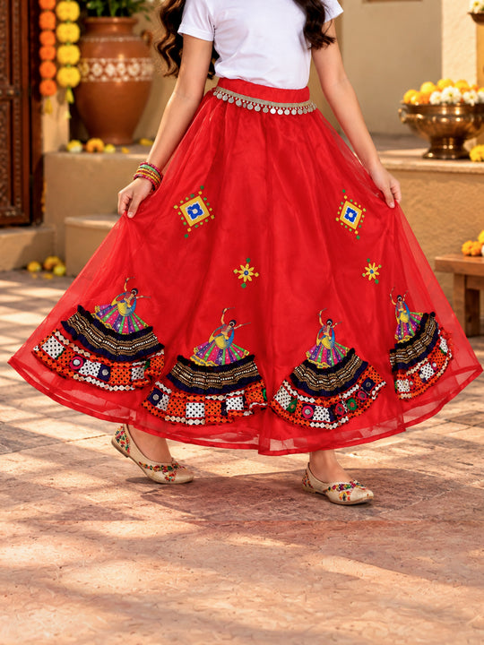 Kiddopanti Girls Georgette Woven Paisley & Floral Ethnic Printed Layered Organza Flared Skirt